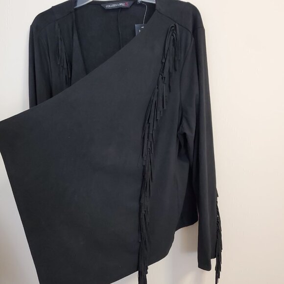 NEW Colleen Lopez Faux Suede Fringe Sleeves Open Front Jacket Waterfall Front M - Picture 3 of 9